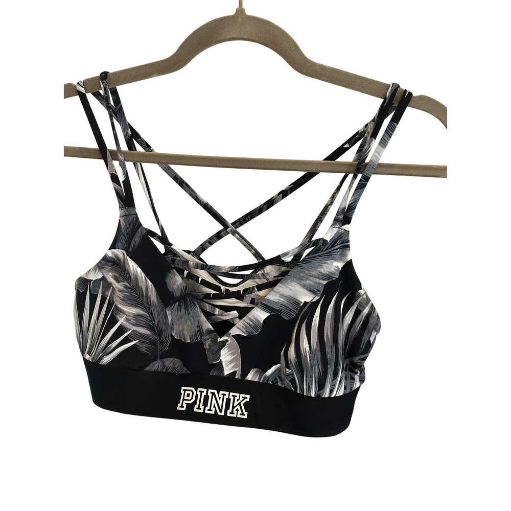 Pink Victoria's Secret Ultimate Sports Bra‎ Palm Leaf Strappy Mesh Back Black M